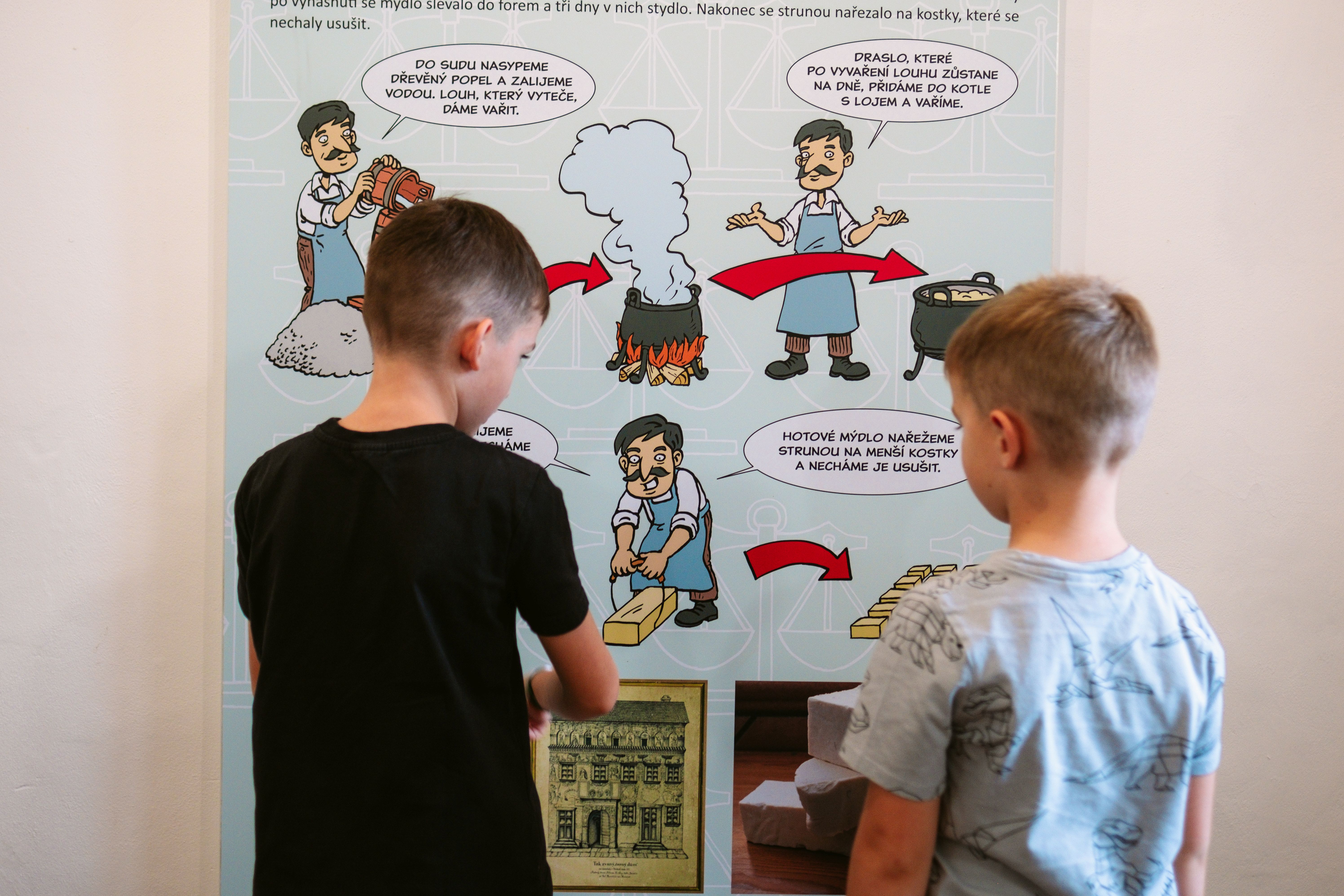 V Cestách časem najdete kromě exponátů i tabule s popisky. Průvodci jsou kupec Caligardi a písař Suchenius. Skutečné postavy z historie Třebíče. V Cestách časem najdete kromě exponátů i tabule s popisky. Průvodci jsou kupec Caligardi a písař Suchenius. Skutečné postavy z historie Třebíče.